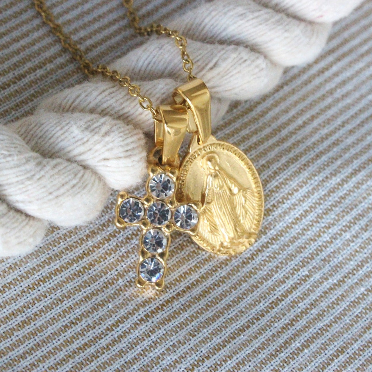 Small Diamond Cross and Miraculous Medal Necklace