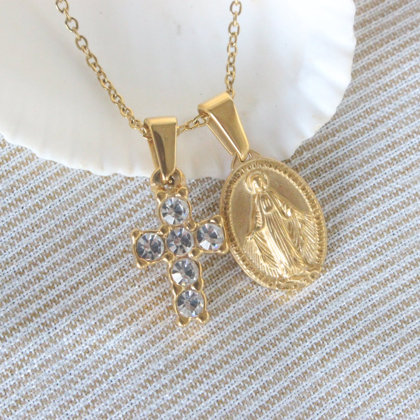 Small Diamond Cross and Miraculous Medal Necklace