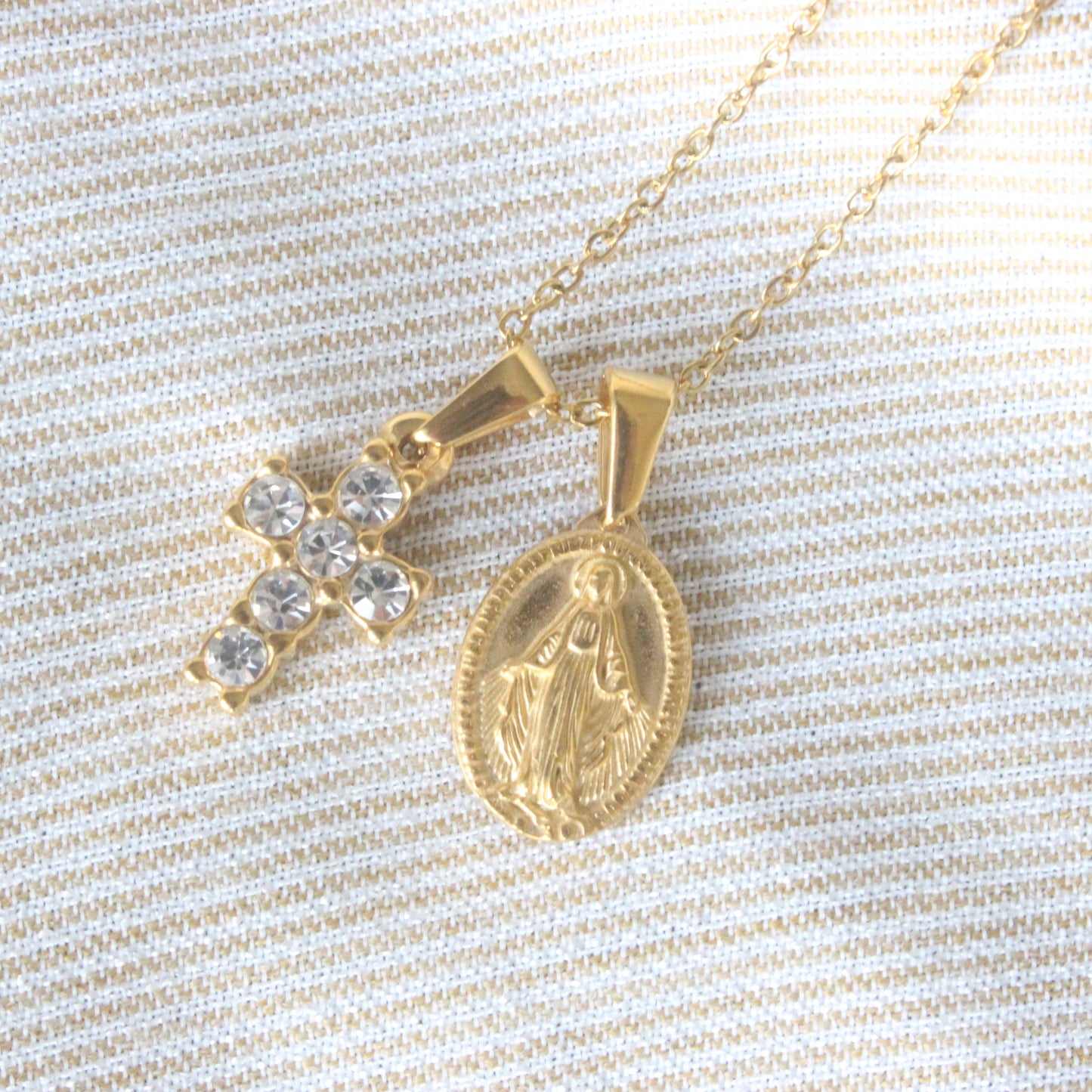 Small Diamond Cross and Miraculous Medal Necklace