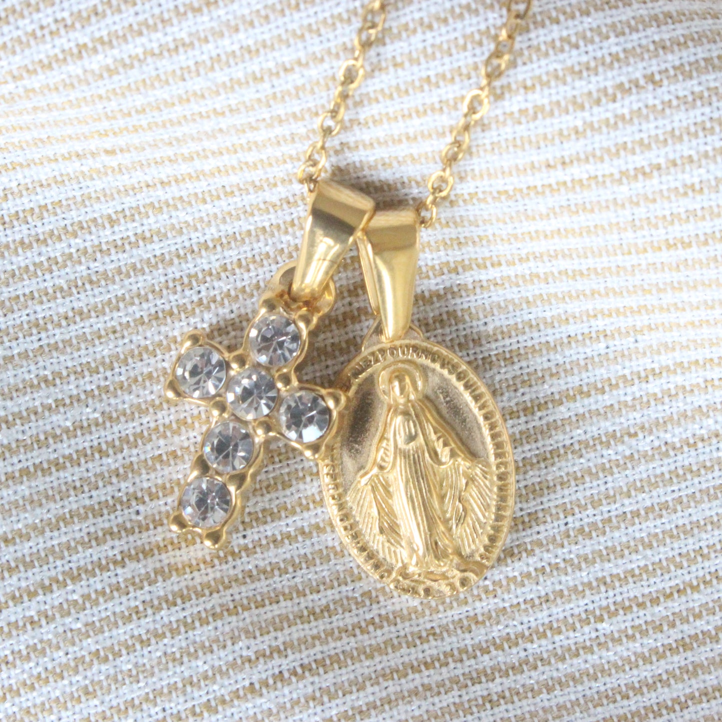 Small Diamond Cross and Miraculous Medal Necklace