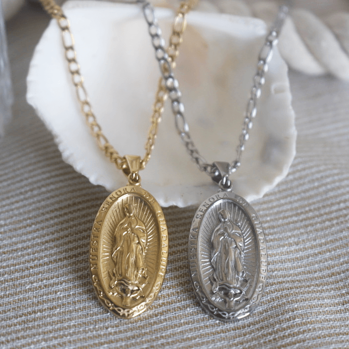 Yellow Gold Our Lady of Guadalupe Pendant Necklace With Diamond Side Stones